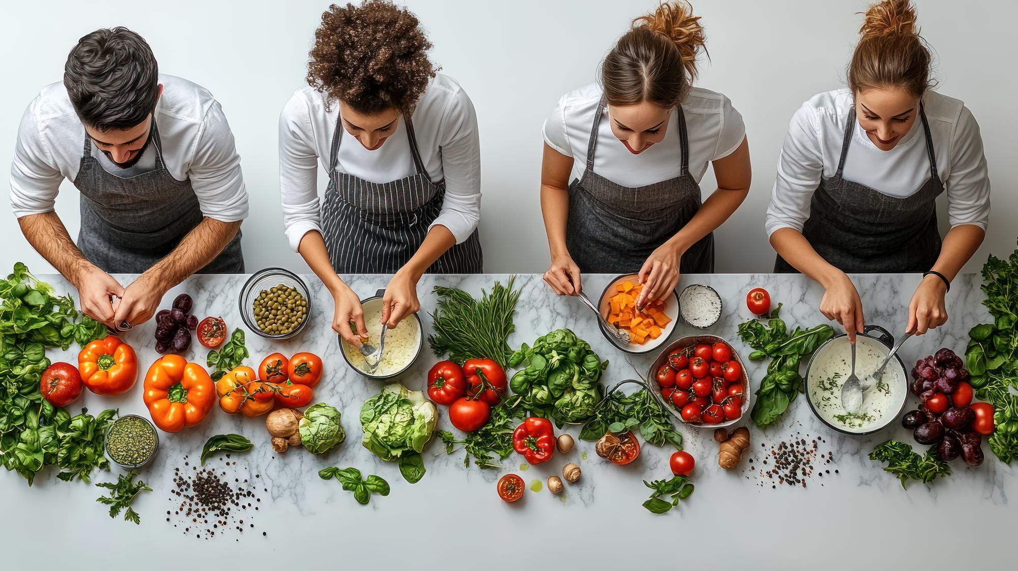Students tasting a composed salad at a bench