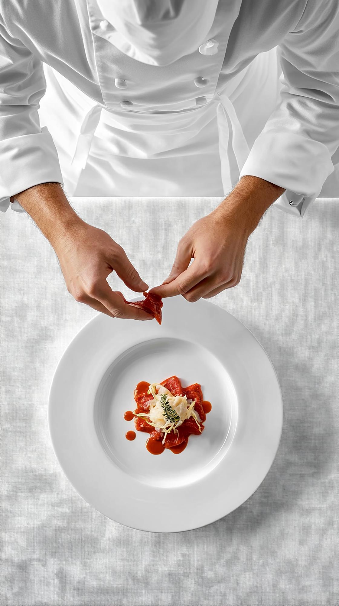 Chef plating a gourmet dish on a white plate